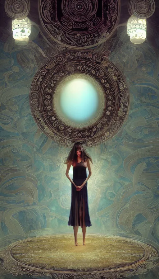 Prompt: goddess of illusion, beautiful, stunning, breathtaking, mirrors, glass, magic circle, magic doorway, fantasy, mist, bioluminescence, hyper - realistic, unreal engine, by zeng fanzhi