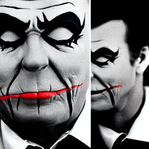 Image similar to jack nicholson as joker working in a cubicle at a computer in 1 9 8 9, fleshtone facepaint coming off, movie still, dslr