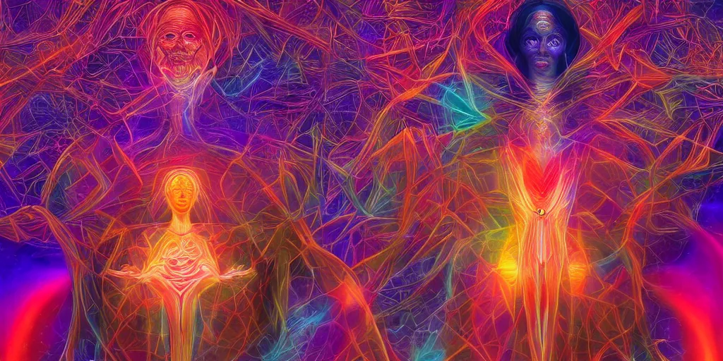 Image similar to transcendence into collaborative intelligence, endless collaboration with ai, connectedness, body, by alex grey, album cover, award winning, beautiful, colorful, volumetric lighting, trending on artstation, cinematic