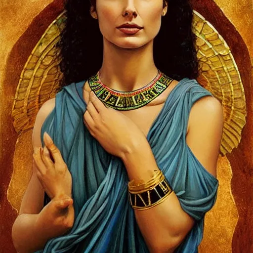 Image similar to Full body oil painting of the beautiful goddess Gal Gadot as Cleopatra, she is wearing egyptian clothes and a surreal jewelry, her hair is natural disheveled, she is approaching heaven over the clouds, Anubis is close to her, naturalism, dramatic lighting, high-detailed oil painting by Ilya Repin, Michelangelo da Caravaggio, William Blake, Alex Grey and Beksinski, trending on Artsation, hystorical painting, naturalism, masterpiece, 4k, 8k,