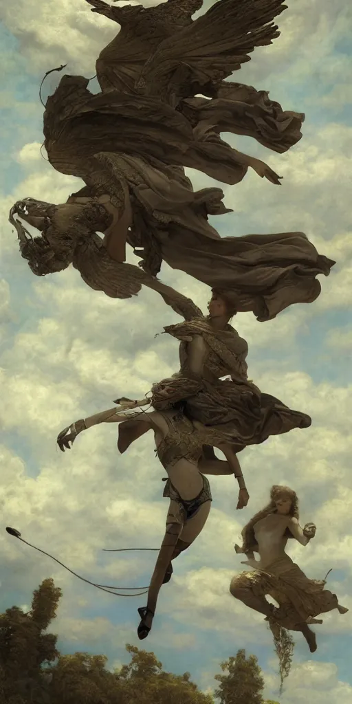 Image similar to Jennifer flies away, masterpiece by Edgar Maxence and Ross Tran and Michael Whelan, gustav dore, 8k, octane render