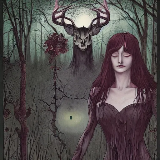 Image similar to an epic horrific wiccan gothic painting of a mother - nature witch cult woman wearing a deer skull, in a moonlit forest by gerald brom by junji ito by vanessa lemen by charlie bowater