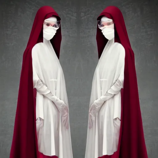 Prompt: award winning photo,two Hovering twin nuns, wearing pointed hoods, buxom chested, blindfolded, wearing translucent veils, see through dress, Very long arms, bedroom, wood door, eerie, frightening, highly detailed, photorealistic, colorized —width 1024 —height 1024