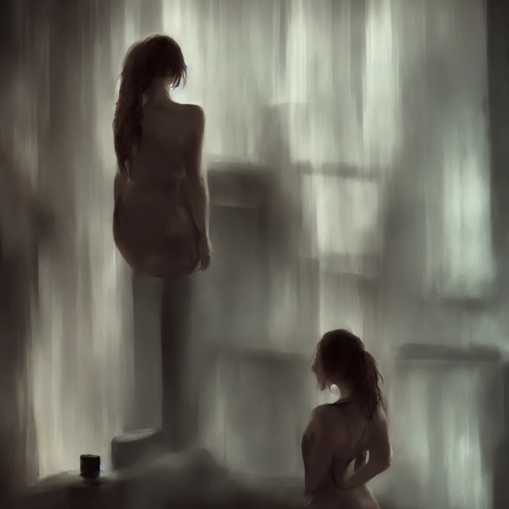 Prompt: woman over the shoulder photo in a moody night room, concept art, atmospheric, digital painting, award winning photo, artstation, high detail 1024