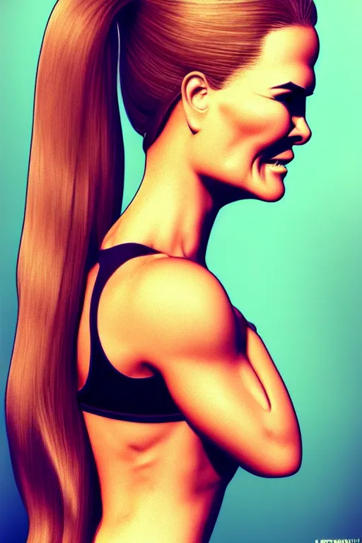 Prompt: portrait of a mix of beautiful young maria shriver, mariel hemmingway, brooke shields, nicole kidman and elle macpherson as an exercise gym girl, thin lips, hair tied up in a pony tail, colorful artstation, cgsociety
