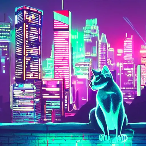 Image similar to cyberpunk cat, neon glow, city in the background, high quality, high detailed