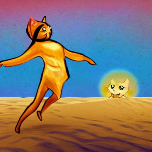 Prompt: a humanized happy cat dancing on sands ,