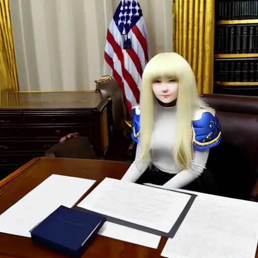 Prompt: griffith from berserk by kentaro miura sitting at white house desk with american flag at his side, photo by getty images