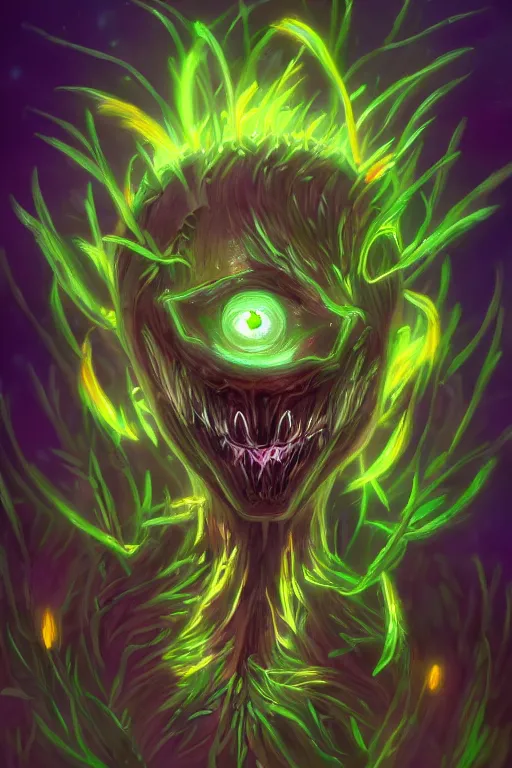 Image similar to a glowing humanoid figure flower monster with large glowing eyes, highly detailed, digital art, sharp focus, trending on art station, plant, anime art style