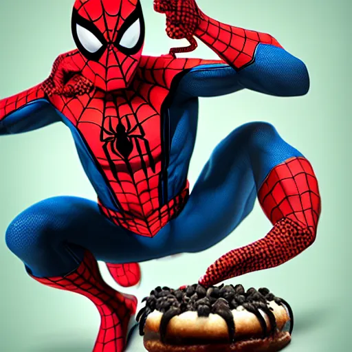 Image similar to spider - man sit on the raccoon and eating donuts, concept art, trending on artstation, highly detailed, intricate, sharp focus, digital art, 8 k