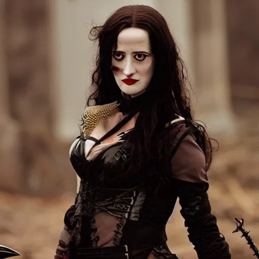 Prompt: photo of full shot photo of eva green as a vampire warrior with weapons