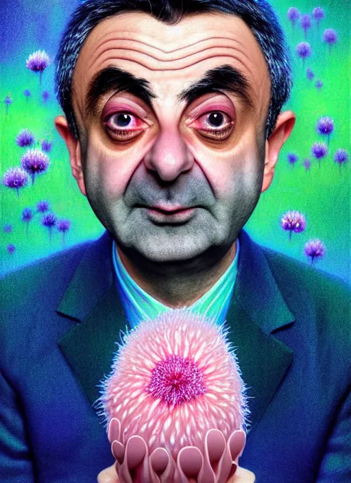 Image similar to hyper detailed 3d render like a Oil painting - kawaii portrait of Rowan Atkinson in Aurora seen Eating of the Strangling network of yellowcake aerochrome and milky Fruit and Her delicate Hands hold of gossamer polyp blossoms bring iridescent fungal flowers whose spores black the foolish stars by Jacek Yerka, Mariusz Lewandowski, Houdini algorithmic generative render, Abstract brush strokes, Masterpiece, Edward Hopper and James Gilleard, Zdzislaw Beksinski, Nicoletta Ceccoli, Wolfgang Lettl, hints of Yayoi Kasuma, octane render, 8k