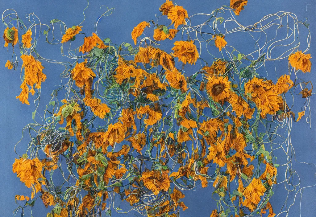 Prompt: award winning fine artwork about entangled withered sunflowers and falling blue nasturtiums with vines