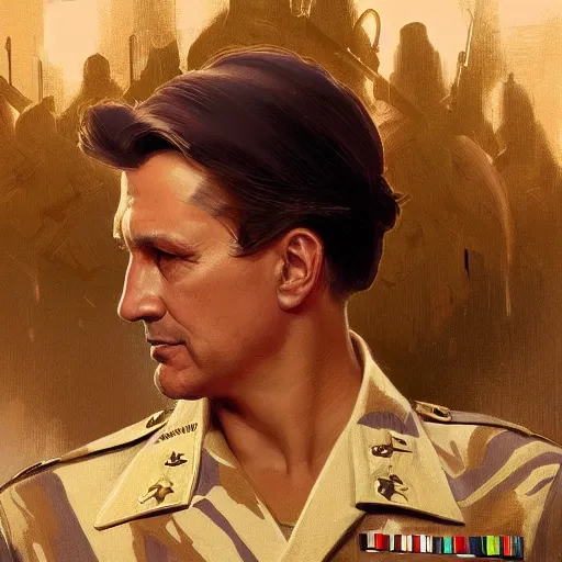 Image similar to Portrait of Michael Cimino as a military officer, intricate, headshot, highly detailed, digital painting, artstation, concept art, sharp focus, cinematic lighting, illustration, art by artgerm and greg rutkowski, alphonse mucha, cgsociety