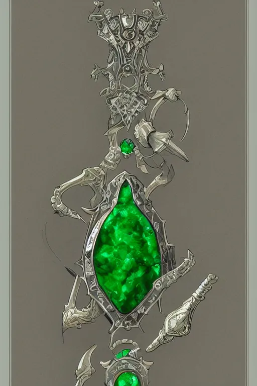 Image similar to an ancient white bone and emerald gemstone relic, intricate engraving, concept art style