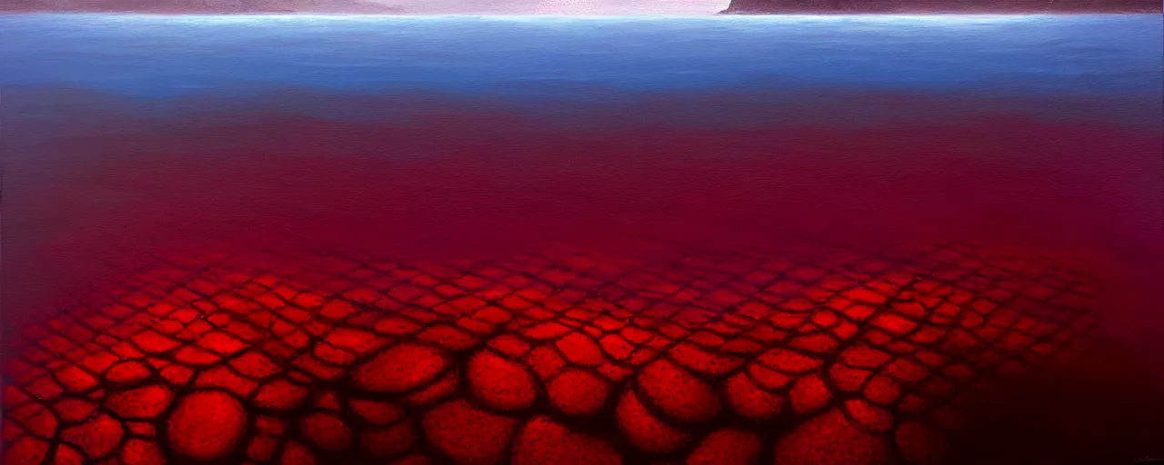 Prompt: A gorgeous detailed oil painting of a dark red sea covered in big blue steep rocks, the further away the mistier it gets, surreal, concept art, dark aesthetic, atmospheric, moody, highly detailed, masterpiece, award winning, 4k