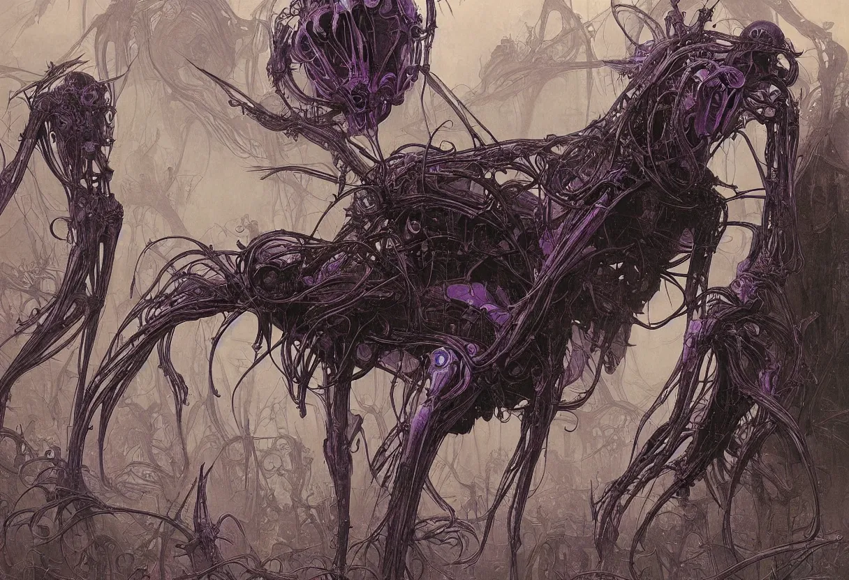 Image similar to an enormous purple and black symmetrical insectoid being with many compound eyes descending on earth, by daniel - by greg rutkowski and raymond swanland hr giger and zdzislaw beksinski and alphonse mucha and moebius, matte painting, hyperdetailed, symmetry, art nouveau, beautiful render, concept art