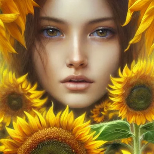 Image similar to a girl slowly walking through amazing tall sunflower field, hair flowing, early morning lighting, elegant, subtle, intricate details, real masterpiece, oil on canvas, by karol bak, ayami kojima, artgerm, smile, concept art, fantasy