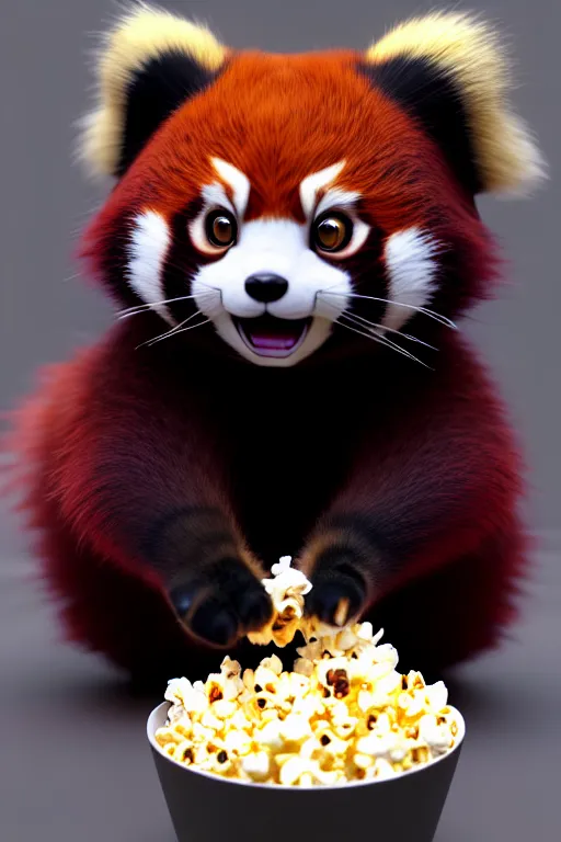 Image similar to high quality 3 d render hyperrealist very cute gothic happy red panda & cat hybrid eating popcorn, vray smooth, detective pikachu, very dramatic light, low angle, uhd 8 k, shallow depth or field