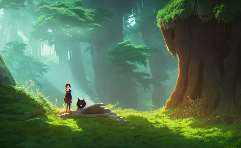 Image similar to a bounty hunter and her cat companion their woodland home in a fantasy studio ghibli animated film, d & d, fantasy concept art, global illumination, beautiful composition, volumetric lighting, octane render by studio ghibli and christopher balaskas, highly detailed