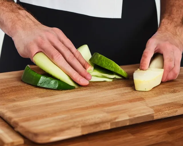 Image similar to 9 0 degrees fov, first person point of view of me chopping vegetables on a chopping board