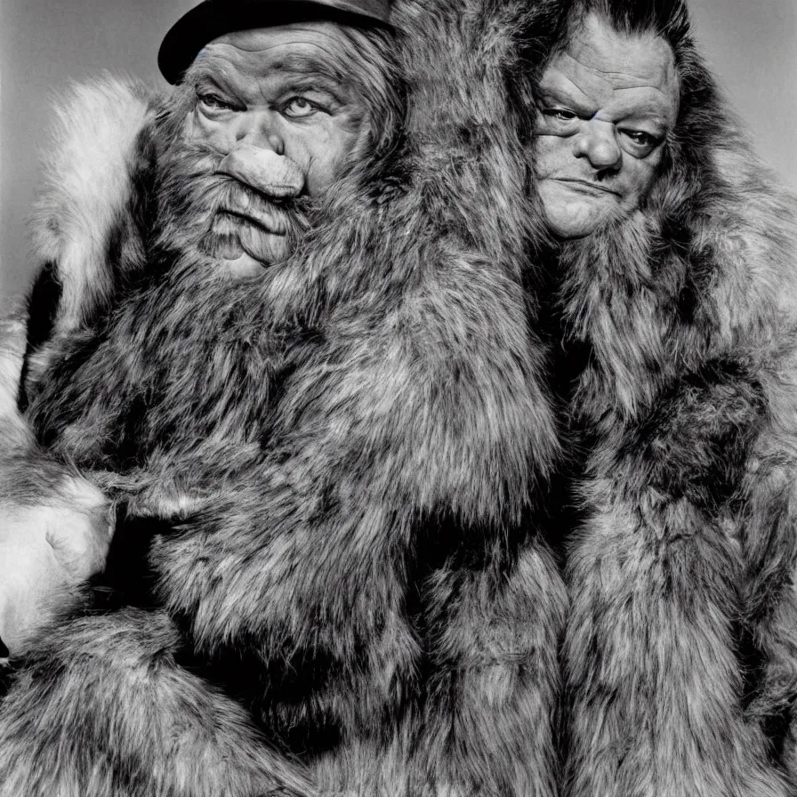 Prompt: An Annie Leibovitz portrait of Orson Welles in a Bigfoot costume