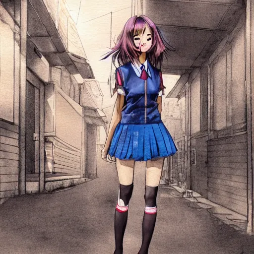 Image similar to a perfect, realistic professional digital sketch of a Japanese schoolgirl posing in a sci-fi alleyway, style of Marvel, full length, by pen and watercolor, by a professional American senior artist on ArtStation, a high-quality hollywood-style sketch, on high-quality paper