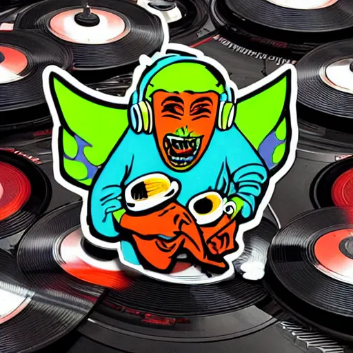 Image similar to svg sticker of a Pop-Wonder Alien-Bog-Monster-Swamp-Rat-Thunder-Coot-Racing-Fan at a rave, spinning records, giant headphones rocking out, wearing headphones, huge speakers, dancing, rave, DJ, spinning records, digital art, amazing composition, rule-of-thirds, award-winning, trending on artstation, featured on deviantart