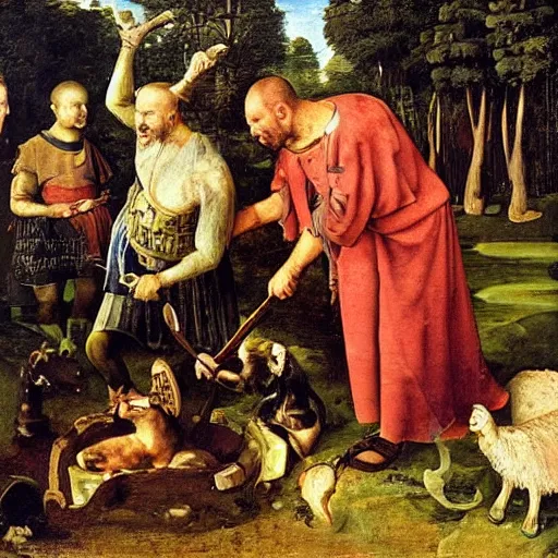 Image similar to ragnar lothrbok cutting off head of lamb at the pet n play zone in zoo with children crying around him while he laughs with beer and bloody axe in hand renaissance painting