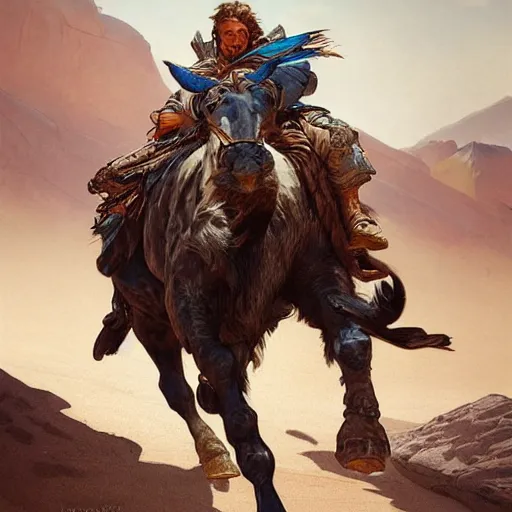 Prompt: Rugged ranger riding a blue bull in the desert, D&D, fantasy, intricate, elegant, highly detailed, digital painting, artstation, concept art, smooth, sharp focus, illustration, art by artgerm and greg rutkowski and alphonse mucha