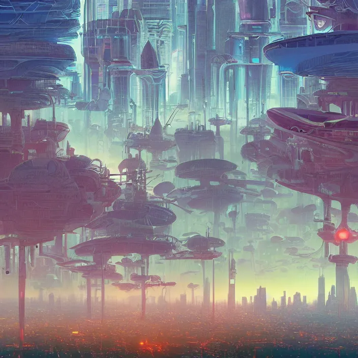 Prompt: city skyline, science fiction, extremely detailed, sharp focus, pastel colors, intricate, beautiful, illustration, volumetric lighting, digital painting, by roger dean, by simon stalenhag, by alex grey