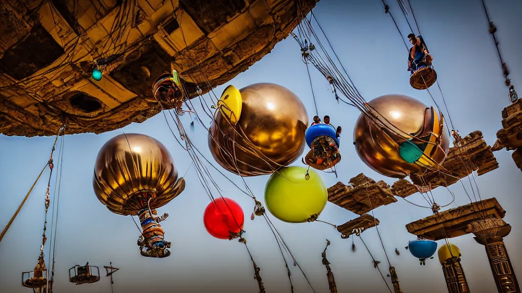 Image similar to large colorful futuristic space age metallic steampunk balloons with pipework and electrical wiring around the outside, and people on rope swings underneath, flying high over the beautiful ancient egyptian city landscape, professional photography, 8 0 mm telephoto lens, realistic, detailed, photorealistic, photojournalism