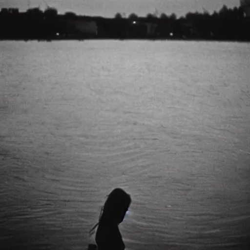 Prompt: A girl in a night lake, old black and white photo, photo by Henri Cartier-Bresson