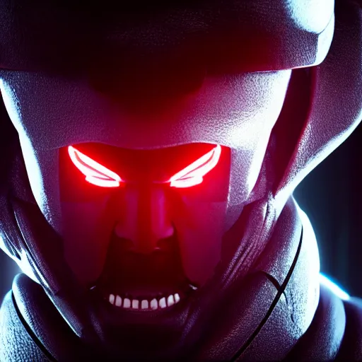 Image similar to portrait of a evil gangsta robot possessed by demon, expression, unreal engine, dramatic cinematic lighting rendered by octane, 8 k, detailed