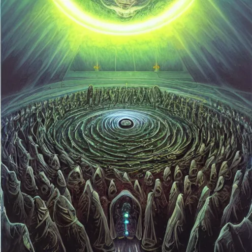 Image similar to a quantum computer, a dark cabal of hooded mystics in long robes gathered in a circular formation around a highly advanced quantum computer processing the spirits of the dead, epic scifi art, dan seagrave art, michael whelan