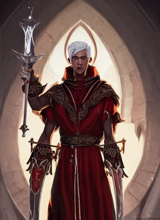 Prompt: a highly detailed illustration of sadistic white haired tanned african priest wearing white robe with red cross design, wielding bloody sword, evil smile, gothic church background, intricate, elegant, highly detailed, centered, digital painting, artstation, concept art, smooth, sharp focus, league of legends concept art, wlop
