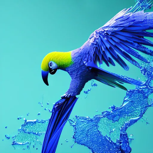 Image similar to blue liquid motion fluids forming blue parrot bird, hyper detailed, vray render