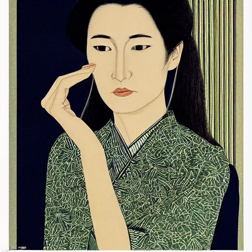 Prompt: “ laura dern portrait by ikenaga yasunari and ayana otake and ko rakusui, 6 0 s poster, drawing, realistic, sharp focus, japanese, dreamy, nostalgia, faded, golden hues, floral clothes, porcelain skin ”