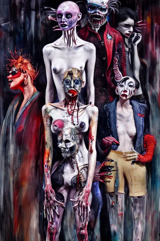 Image similar to crazy fashion catwalk, freak show, one model, crazy clothes, biopunk style, horror, hauntingly surreal, highly detailed painting by francis bacon, edward hopper, adrian ghenie, gerhard richter, and james jean soft light 4 k