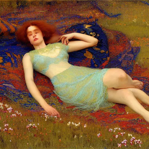 Image similar to masterpiece full body portrait of a beautiful woman with a perfect body lying on an ornate gold and blue carpet in a meadow, by Edgar Maxence and Ross Tran and Michael Whelan and Gustav Klimpt