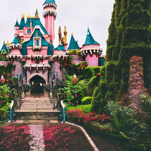 Image similar to overgrown!!!!! disneyland castle that has been unkept!!!!! for thousands of years, trending on unsplash!!!!!, 4 k photorealism, 4 k quality, intricately defined, complexly detailed