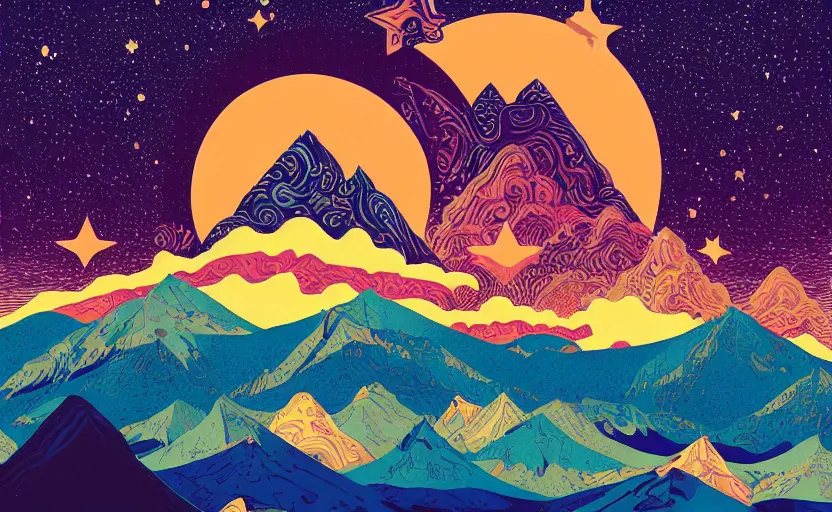 Prompt: mountains, stars and paisley filled sky, artstation, intricate, highly detailed, digital painting, concept art, sharp focus, illustration by Tom Whalen and Ivan Bilibin