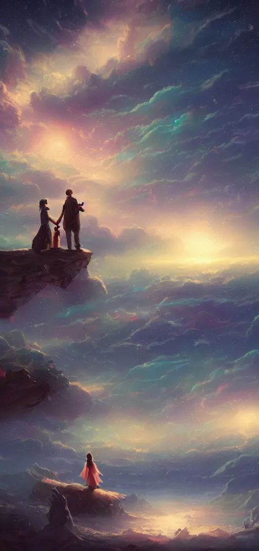 Prompt: romantic couple sea and night sky with stars and galaxies, space sky ornate detailed background, unreal engine, trending on artstation, by rossdraws, thomas kinkade