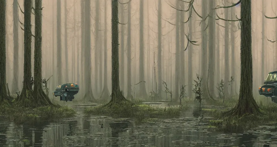 Image similar to An enchanted forest with a swamp, by simon stalenhag