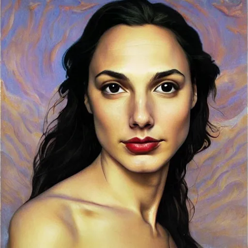 Image similar to Oil painting the beautiful woman Gal Gadot, she has withe old cloths, she is wearing surreal ornates, naturalism, dramatic lighting, high-detailed oil painting by Ilya Repin, Michelangelo da Caravaggio, William Blake, Alex Grey and Beksinski, trending on Artsatio, masterpiece, 4k, 8k,