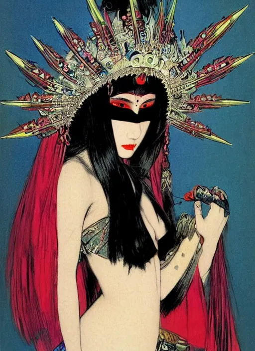 Image similar to female korean vampiress, jeweled headdress, heavy mascara, strong line, saturated color, beautiful! coherent! by frank frazetta, high contrast, minimalism