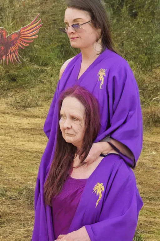 Prompt: woman in purple robes with a phoenix on her shoulder, full body shot