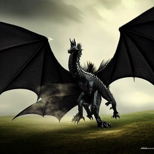 Image similar to black scaled fire - breathing dragon with big wings, forest background, 4 k, cinematic composition, fantasy, extremely detailed, hyperrealism