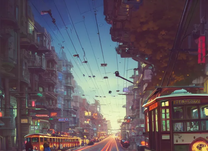 Image similar to a cable car is flying on the street of san francisco, unreal engine, fantasy art by greg, loish, rhads, ferdinand knab, tom bagshaw, makoto shinkai and lois van baarle, rossdraws, ilya kuvshinov, night lighting, trending on studio ghibli, highly detailed, 8 k, octane render