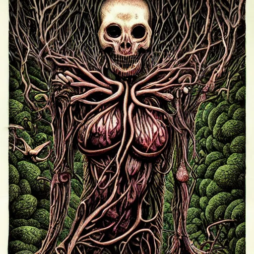 Prompt: forest of human bodies and viscera by godmachine keith thompson horror art psychedelic trippy messy viscera visceral bodies death horror creepy faces organic forests